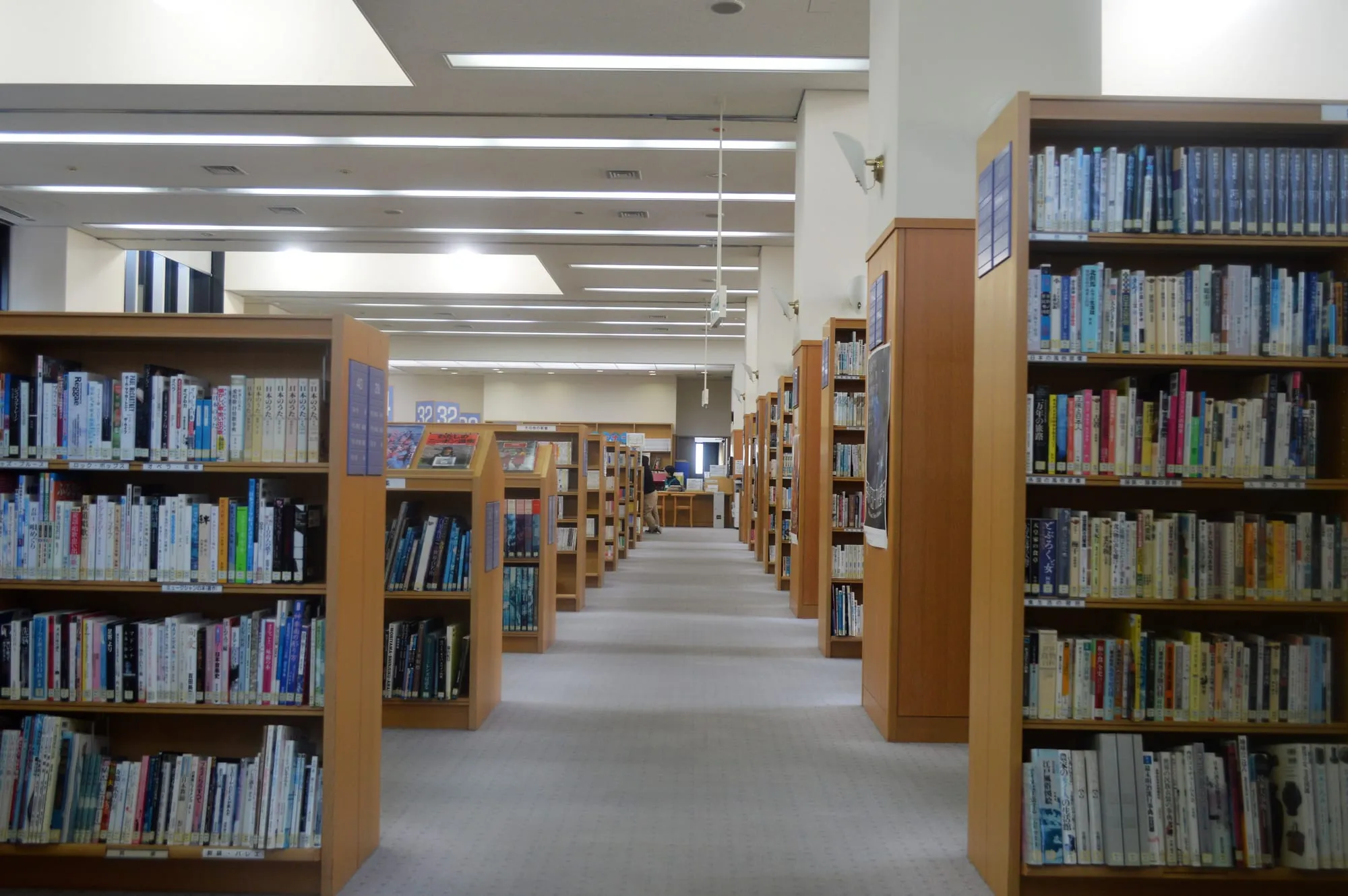 An aisle of a library lined with bookshelves